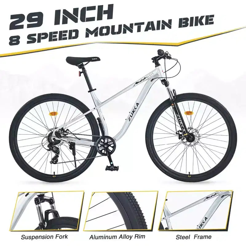 Mountain bike Okak 29IN con sistema a 8 velocità, bici da cross con telaio in acciaio e sospensione anteriore, bici per adulti per uomo, donna, ragazzo e ragazza