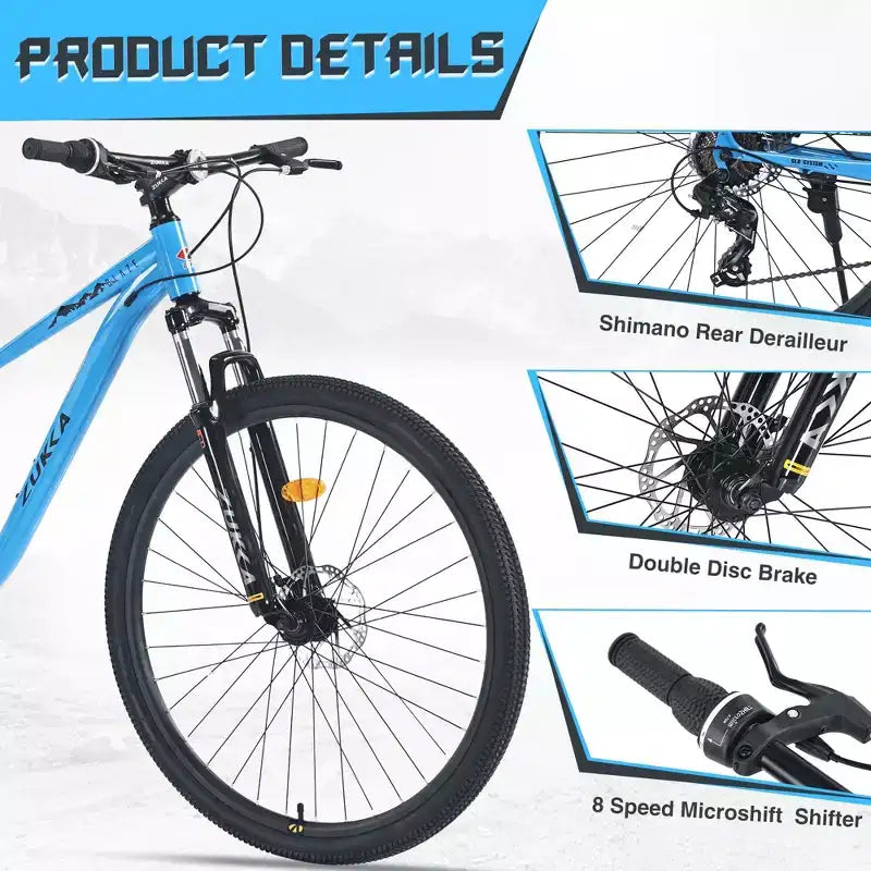 Mountain bike Okak 29IN con sistema a 8 velocità, bici da cross con telaio in acciaio e sospensione anteriore, bici per adulti per uomo, donna, ragazzo e ragazza