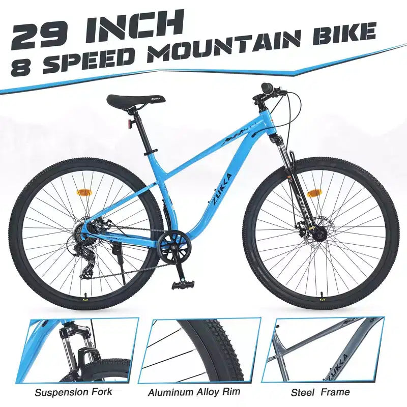 Mountain bike Okak 29IN con sistema a 8 velocità, bici da cross con telaio in acciaio e sospensione anteriore, bici per adulti per uomo, donna, ragazzo e ragazza