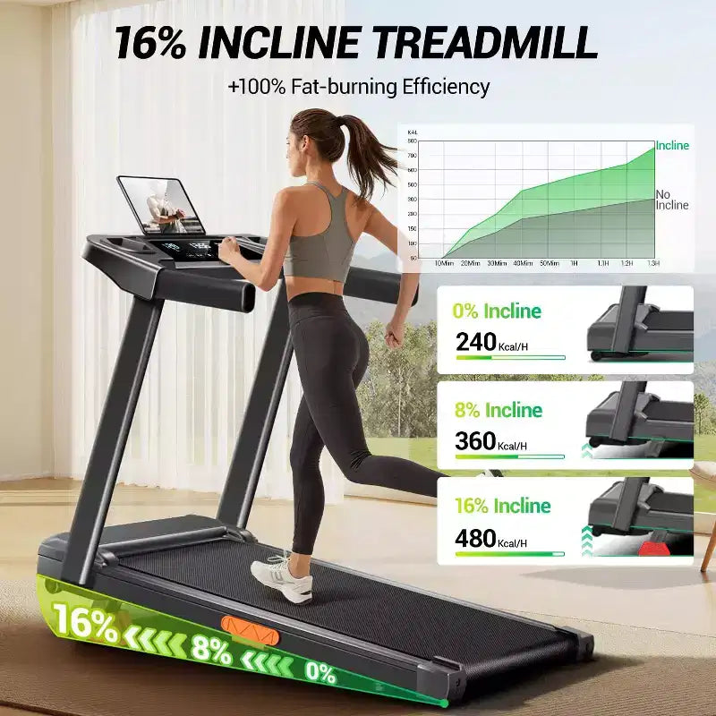 Tapis roulant per casa con inclinazione del 16% e maniglione, tapis roulant pieghevole silenzioso da 3.0HP con schermo a LED e ampia capacità