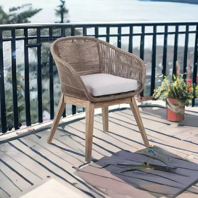 HomeRoots 27 Gray and Natural Wood Solid Wood Outdoor Dining Chair with Gray Cushion