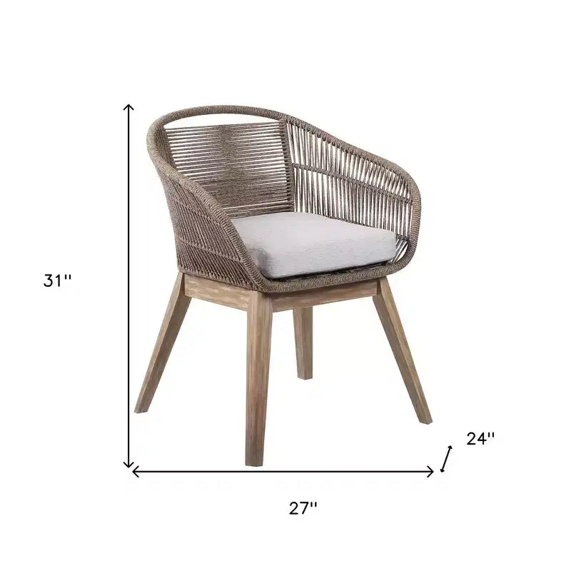 HomeRoots 27 Gray and Natural Wood Solid Wood Outdoor Dining Chair with Gray Cushion