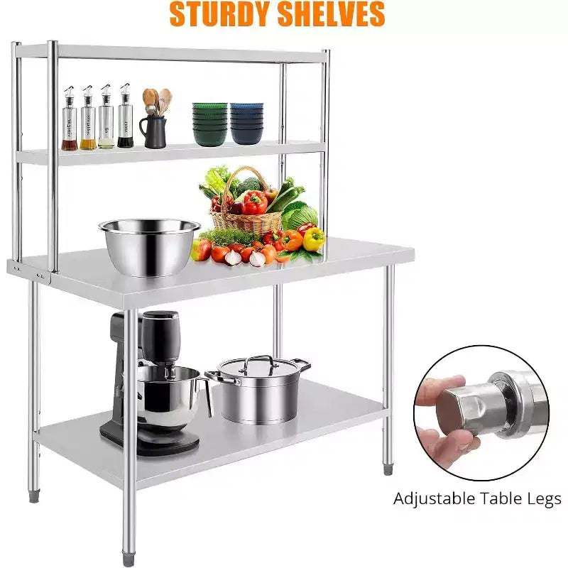 Tavolo da Lavoro in Acciaio Inossidabile, Tavolo per Preparazione Cibi Commerciale Robusto con Ripiani e Gambe Regolabili per Ristorante/Casa/Hotel (1 Confezione)