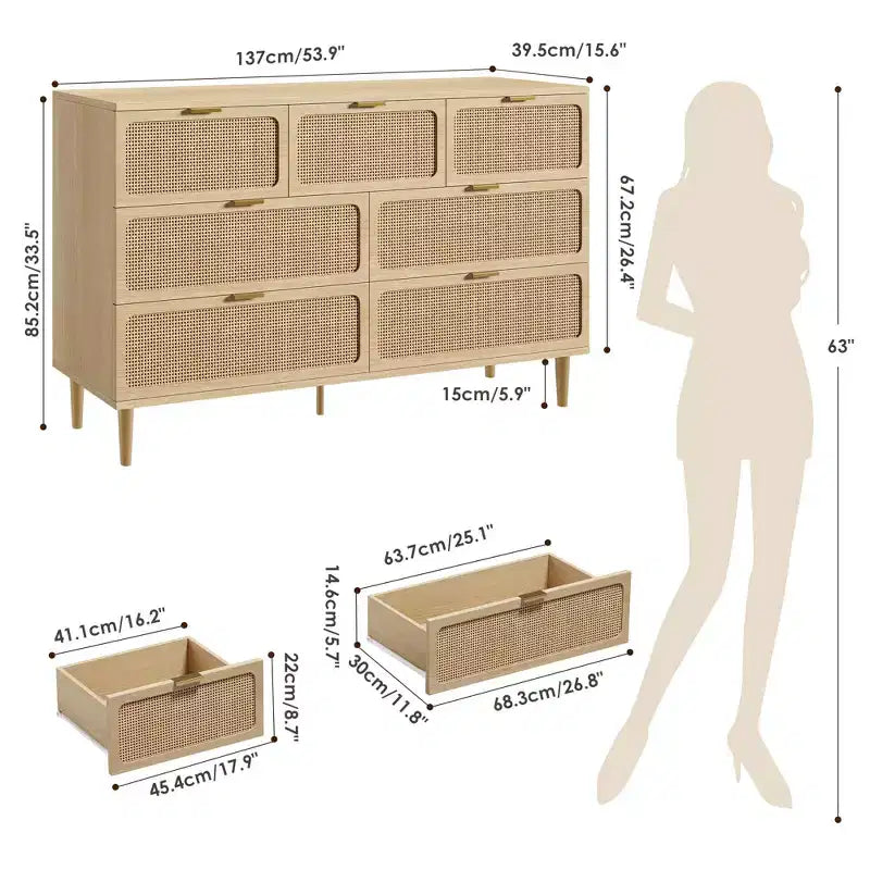 Wicker drawer tall cabinet for the bedroom, large-capacity drawer wardrobe, vanity with a wide top, suitable for the living room, hallway