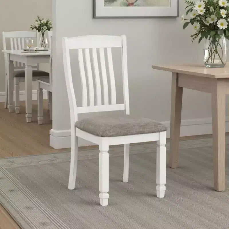 Royal Hampton Side Dining Chair Set of 2, Rustic White Wood, Gray Fabric, Slat Back