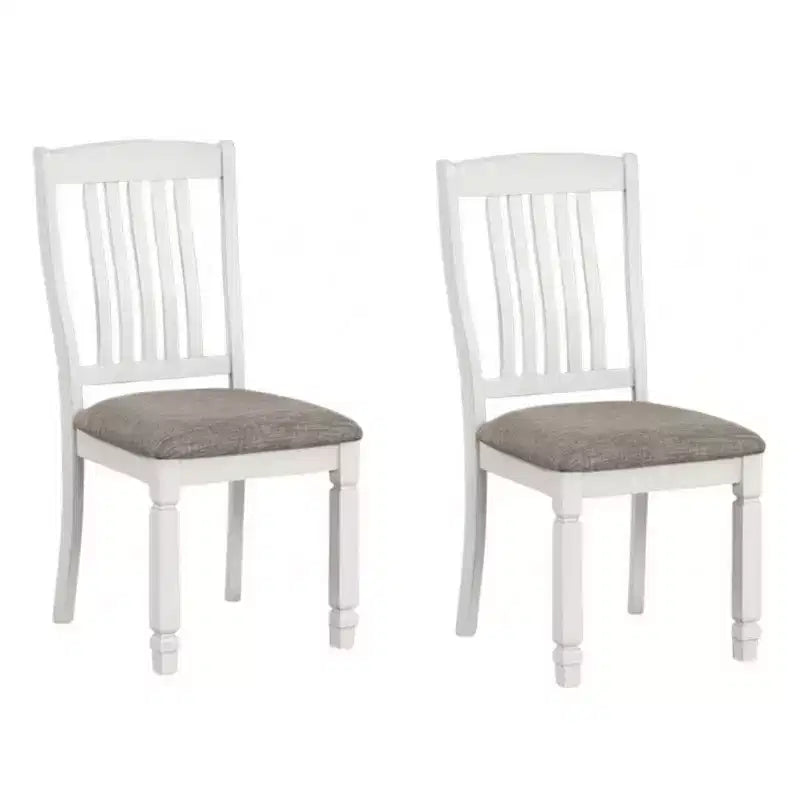 Royal Hampton Side Dining Chair Set of 2, Rustic White Wood, Gray Fabric, Slat Back