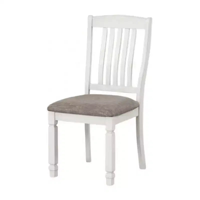 Royal Hampton Side Dining Chair Set of 2, Rustic White Wood, Gray Fabric, Slat Back