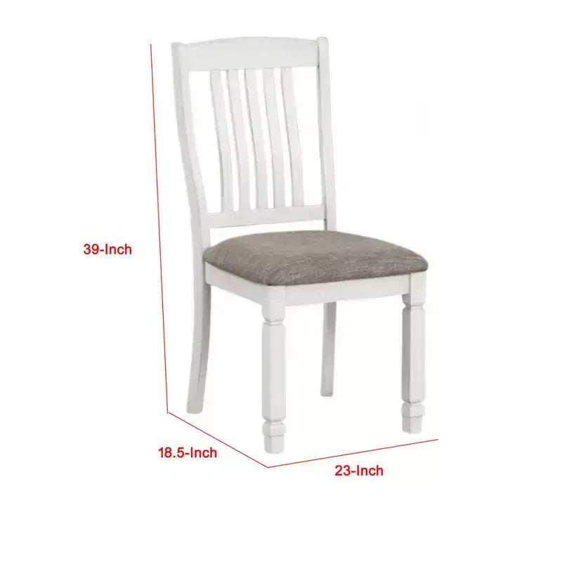 Royal Hampton Side Dining Chair Set of 2, Rustic White Wood, Gray Fabric, Slat Back