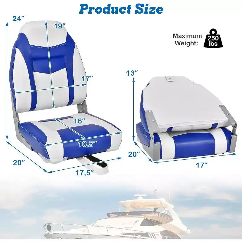 Gymax Sedile per Barca con Schienale Alto 1/2 Pezzi, Sedile Pieghevole da Pesca con Morbido Cuscino Imbottito, Sedile Pieghevole da Capitano con Cerniere Flessibili, Nero/Blu