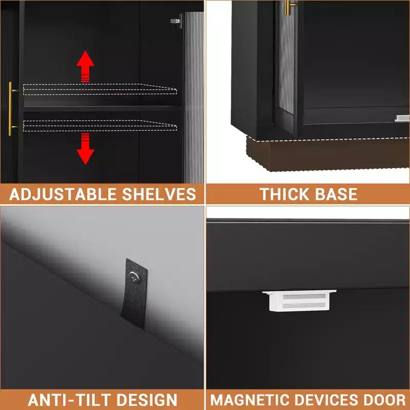 4 Fluted Glass DoorsLarge Wood Cabinet with Modern Storage Cabinet for Living Room, Dinning Room,