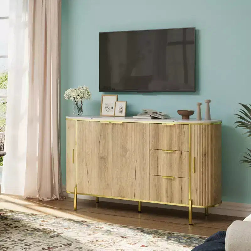 3 Drawers and Adjustable Shelves,Fluted Sideboard Buffet Cabinet, for Dining Living Room
