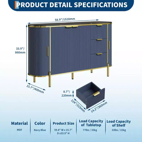 Cassettiera a 3 cassetti e ripiani regolabili, Credenza con scanalature, per sala da pranzo e soggiorno
