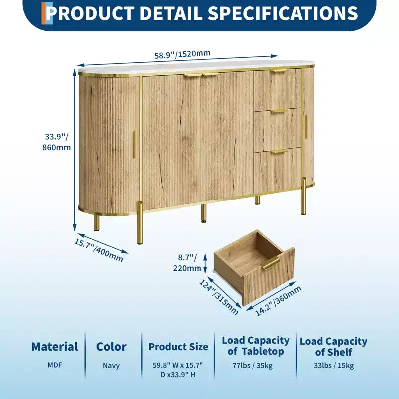 3 Drawers and Adjustable Shelves,Fluted Sideboard Buffet Cabinet, for Dining Living Room