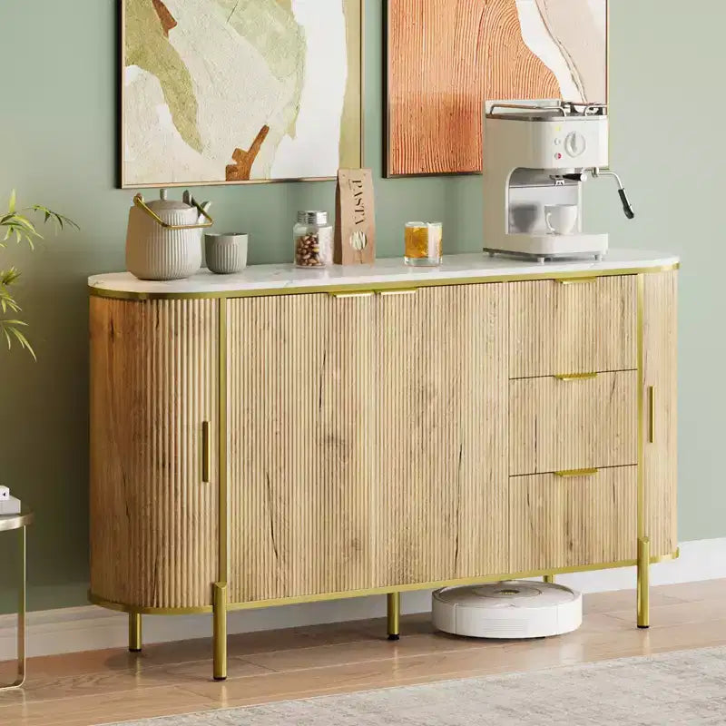 3 Drawers and Adjustable Shelves,Fluted Sideboard Buffet Cabinet, for Dining Living Room