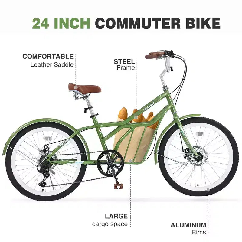 Biciclette Okak Cruiser da 24 pollici con Cestino Grande, Bici per Adulti a 6 Velocità con Telaio in Acciaio e Freno a Disco, Bici da Pendolare per Uomini e Donne