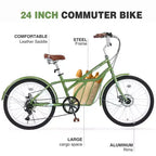 Biciclette Okak Cruiser da 24 pollici con Cestino Grande, Bici per Adulti a 6 Velocità con Telaio in Acciaio e Freno a Disco, Bici da Pendolare per Uomini e Donne