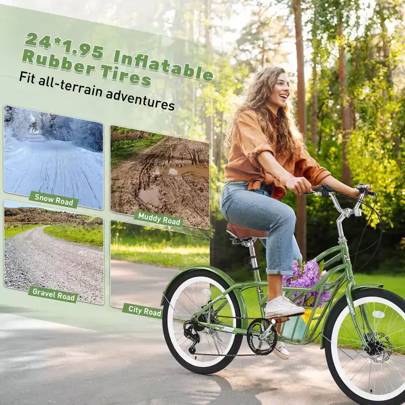 Biciclette Okak Cruiser da 24 pollici con Cestino Grande, Bici per Adulti a 6 Velocità con Telaio in Acciaio e Freno a Disco, Bici da Pendolare per Uomini e Donne