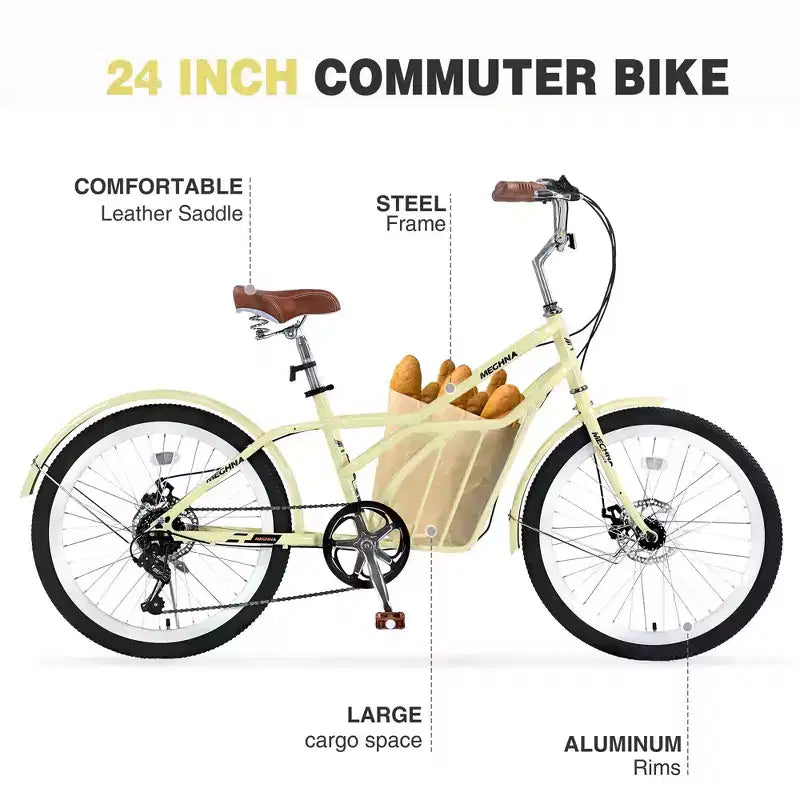 Biciclette Okak Cruiser da 24 pollici con Cestino Grande, Bici per Adulti a 6 Velocità con Telaio in Acciaio e Freno a Disco, Bici da Pendolare per Uomini e Donne