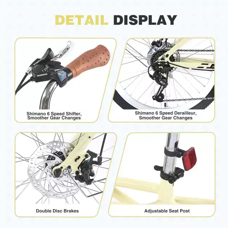 Biciclette Okak Cruiser da 24 pollici con Cestino Grande, Bici per Adulti a 6 Velocità con Telaio in Acciaio e Freno a Disco, Bici da Pendolare per Uomini e Donne