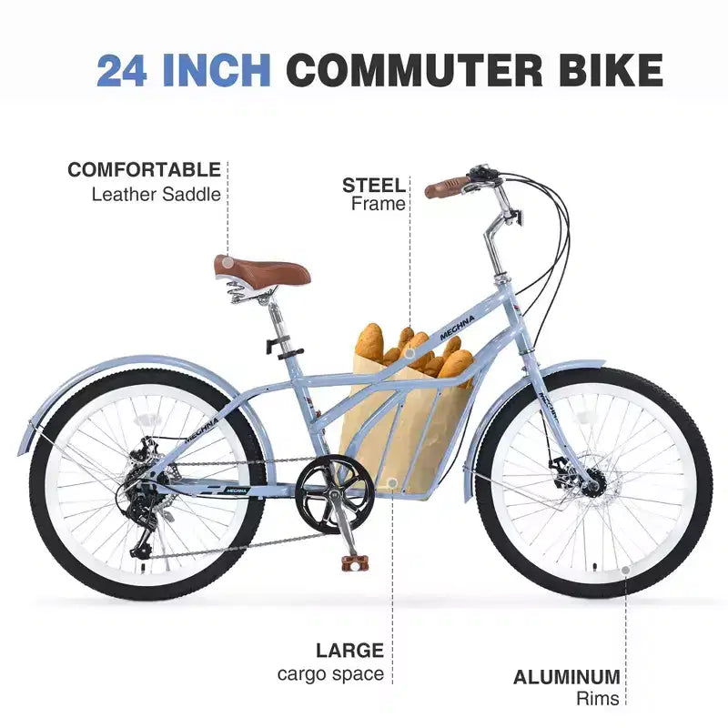 Biciclette Okak Cruiser da 24 pollici con Cestino Grande, Bici per Adulti a 6 Velocità con Telaio in Acciaio e Freno a Disco, Bici da Pendolare per Uomini e Donne