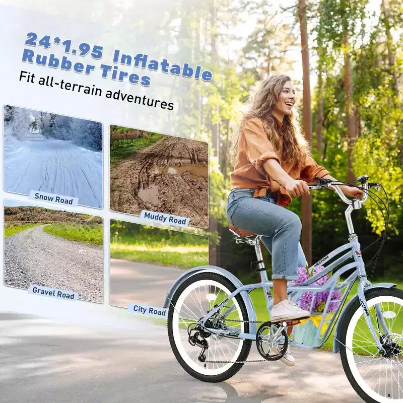 Biciclette Okak Cruiser da 24 pollici con Cestino Grande, Bici per Adulti a 6 Velocità con Telaio in Acciaio e Freno a Disco, Bici da Pendolare per Uomini e Donne