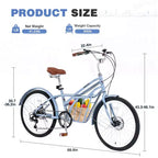 Biciclette Okak Cruiser da 24 pollici con Cestino Grande, Bici per Adulti a 6 Velocità con Telaio in Acciaio e Freno a Disco, Bici da Pendolare per Uomini e Donne