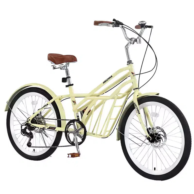 Biciclette Okak Cruiser da 24 pollici con Cestino Grande, Bici per Adulti a 6 Velocità con Telaio in Acciaio e Freno a Disco, Bici da Pendolare per Uomini e Donne