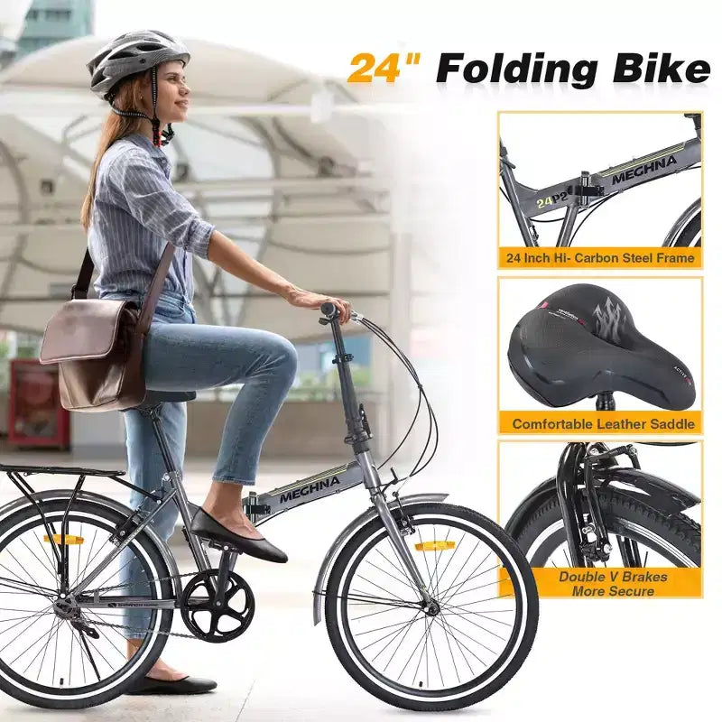 Bicicletta pieghevole Okak 24 pollici con parafanghi e doppio freno a V, bici da pendolare con telaio in acciaio e portapacchi, bici da crociera per uomo e donna