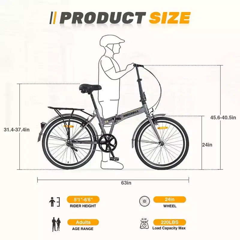 Bicicletta pieghevole Okak 24 pollici con parafanghi e doppio freno a V, bici da pendolare con telaio in acciaio e portapacchi, bici da crociera per uomo e donna