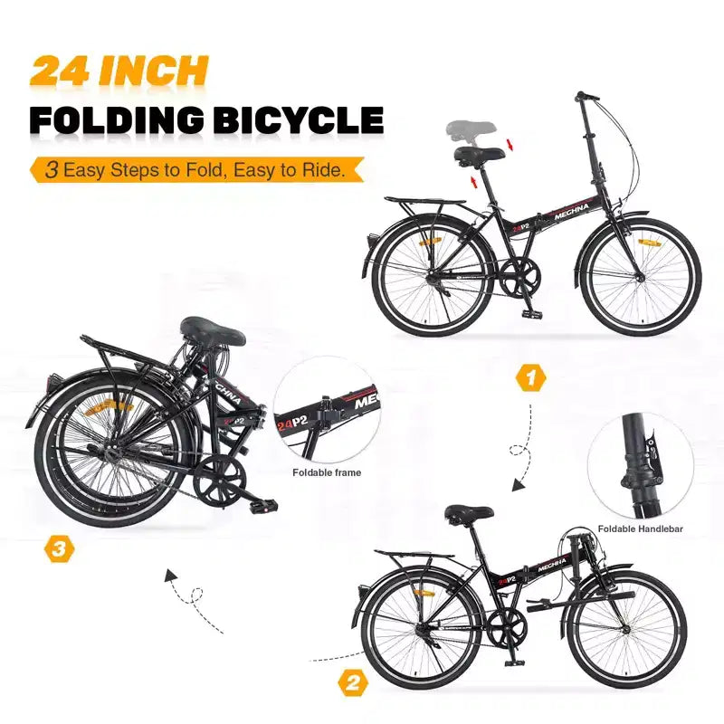 Bicicletta pieghevole Okak 24 pollici con parafanghi e doppio freno a V, bici da pendolare con telaio in acciaio e portapacchi, bici da crociera per uomo e donna
