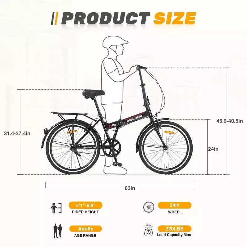 Bicicletta pieghevole Okak 24 pollici con parafanghi e doppio freno a V, bici da pendolare con telaio in acciaio e portapacchi, bici da crociera per uomo e donna