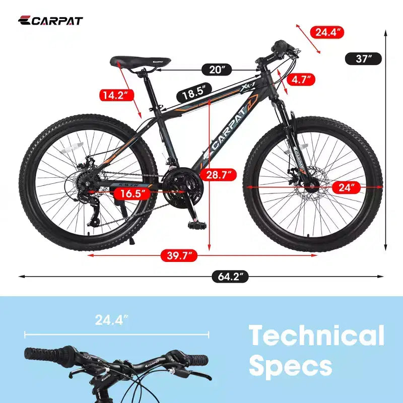 Bicicletta da montagna Okak 24IN con freni a disco doppi e sospensione anteriore, bicicletta per bambini con 21 velocità e telaio in acciaio, bicicletta per ragazzi e ragazze