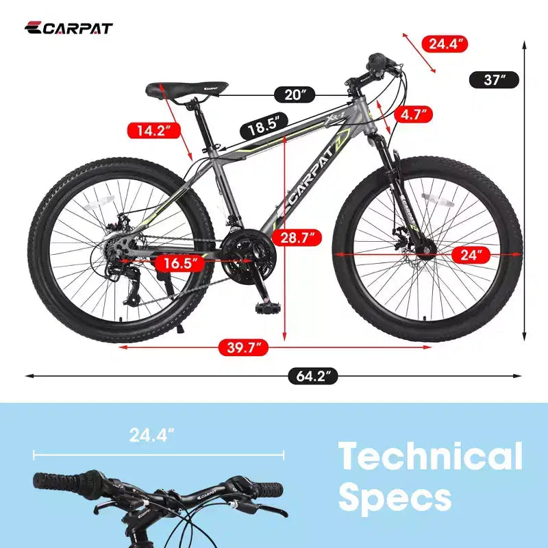 Bicicletta da montagna Okak 24IN con freni a disco doppi e sospensione anteriore, bicicletta per bambini con 21 velocità e telaio in acciaio, bicicletta per ragazzi e ragazze