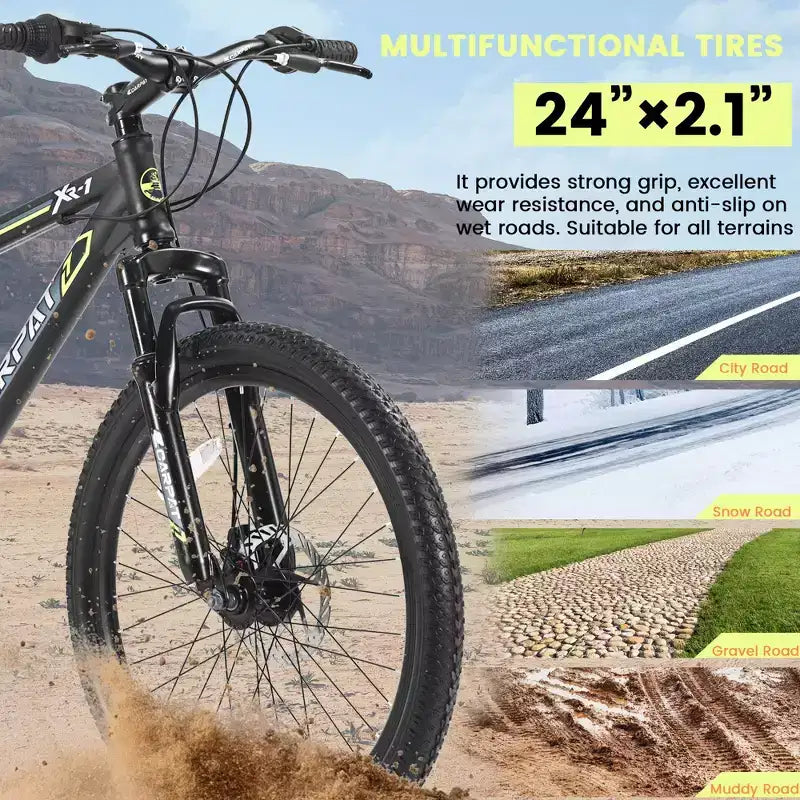 Bicicletta da montagna Okak 24IN con freni a disco doppi e sospensione anteriore, bicicletta per bambini con 21 velocità e telaio in acciaio, bicicletta per ragazzi e ragazze