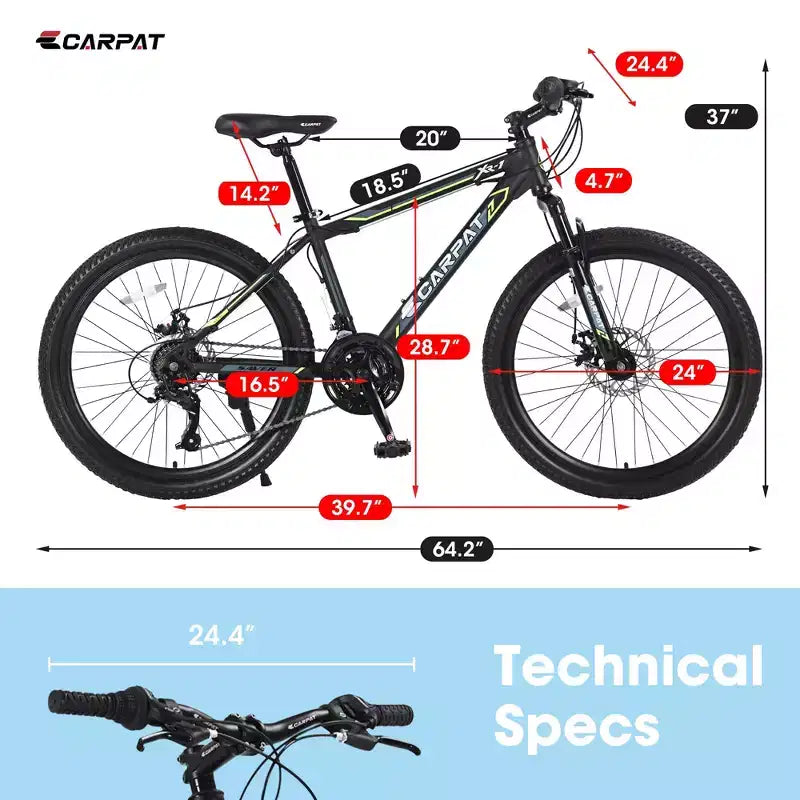 Bicicletta da montagna Okak 24IN con freni a disco doppi e sospensione anteriore, bicicletta per bambini con 21 velocità e telaio in acciaio, bicicletta per ragazzi e ragazze