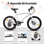 Okak Bici per Bambini 20 pollici con 7 velocità e telaio in acciaio, Bici per Bambini con doppi freni a disco e pneumatici da 1.75 pollici, Bici Cruiser per Bambini e Bambine