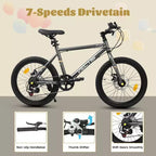 Okak Bici per Bambini 20 pollici con 7 velocità e telaio in acciaio, Bici per Bambini con doppi freni a disco e pneumatici da 1.75 pollici, Bici Cruiser per Bambini e Bambine