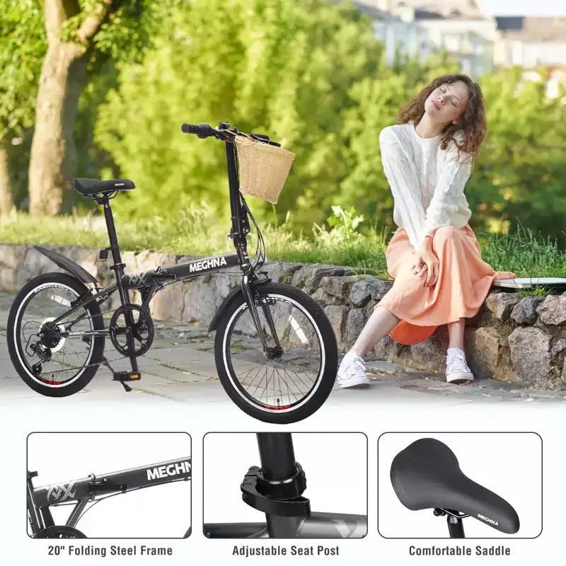 Bicicletta Pieghevole Okak 20IN con Cestino Anteriore, Supporto per Telefono e Parafanghi, Bici per Adulti a 6 Velocità con Telaio in Acciaio e Doppio Freno a V, Bicicletta per Uomini e Donne