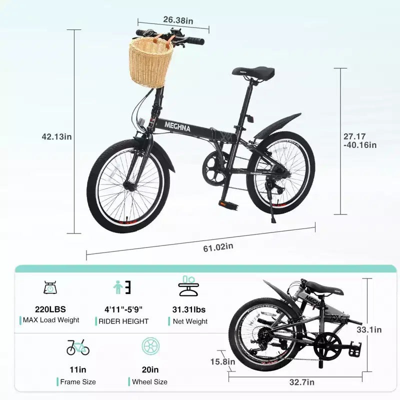 Bicicletta Pieghevole Okak 20IN con Cestino Anteriore, Supporto per Telefono e Parafanghi, Bici per Adulti a 6 Velocità con Telaio in Acciaio e Doppio Freno a V, Bicicletta per Uomini e Donne