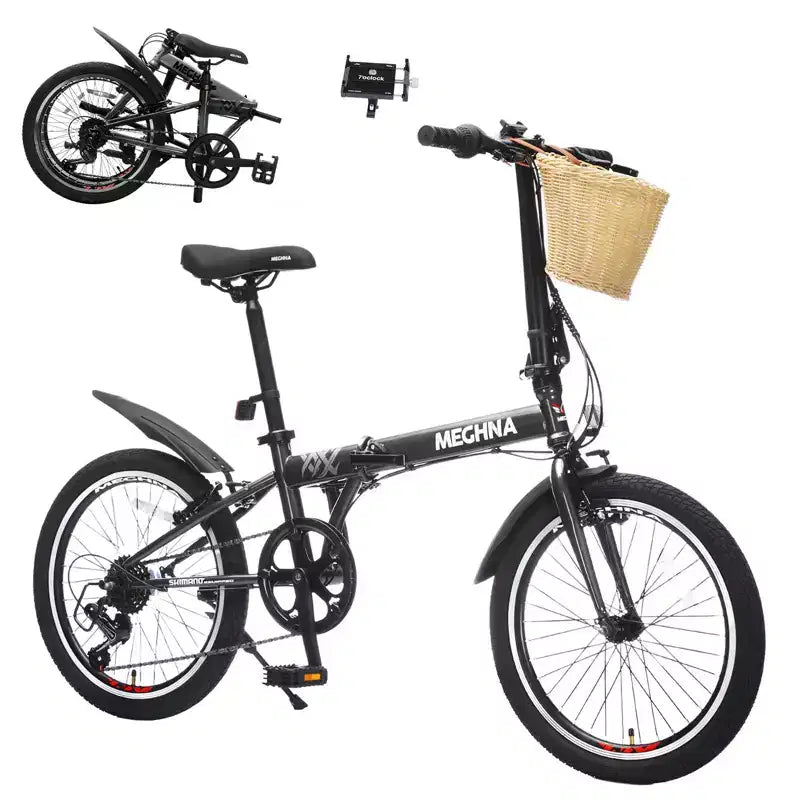 Bicicletta Pieghevole Okak 20IN con Cestino Anteriore, Supporto per Telefono e Parafanghi, Bici per Adulti a 6 Velocità con Telaio in Acciaio e Doppio Freno a V, Bicicletta per Uomini e Donne