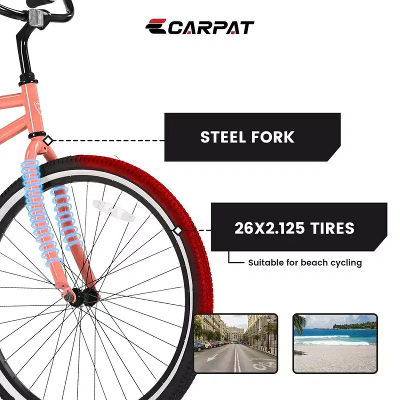 Bici Beach Cruiser Okak da 26 pollici con telaio in acciaio, trasmissione a velocità singola, bici per adulti con pedalata confortevole, bicicletta per uomo e donna, rosa