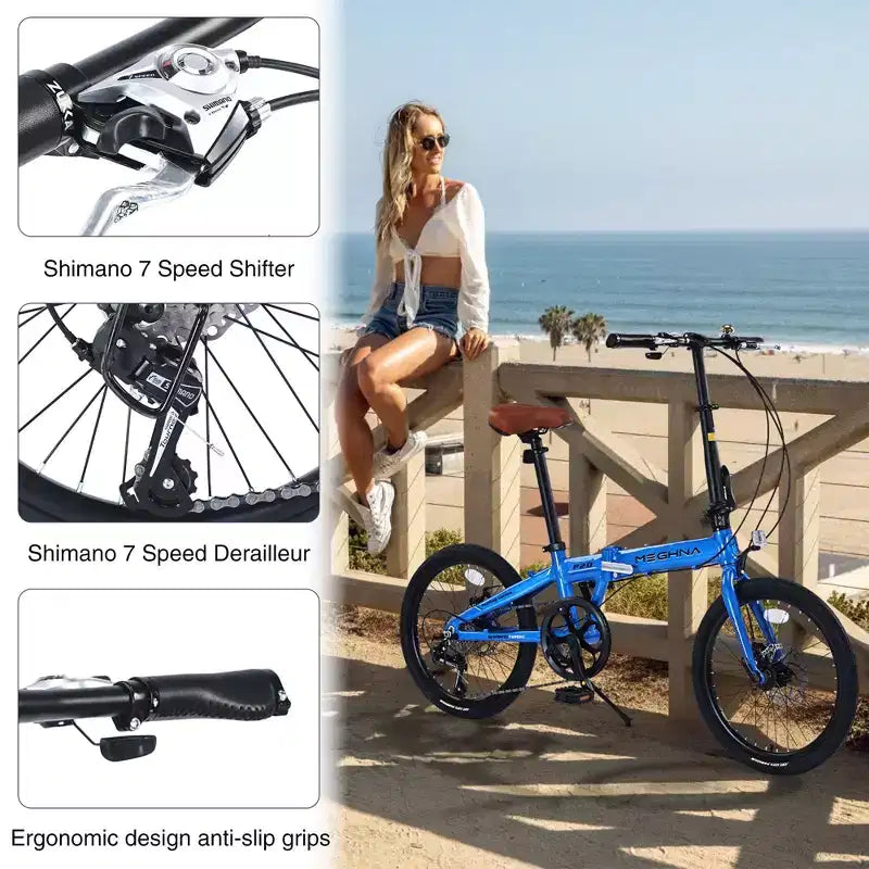 Bicicletta Pieghevole Okak 20IN con Telaio Leggero in Alluminio, Bici da Crociera a 7 Velocità con Sella e Manubrio Regolabili per Pendolari in Città, Blu