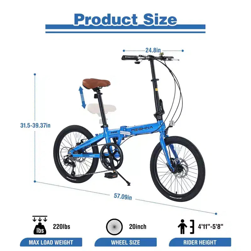 Bicicletta Pieghevole Okak 20IN con Telaio Leggero in Alluminio, Bici da Crociera a 7 Velocità con Sella e Manubrio Regolabili per Pendolari in Città, Blu