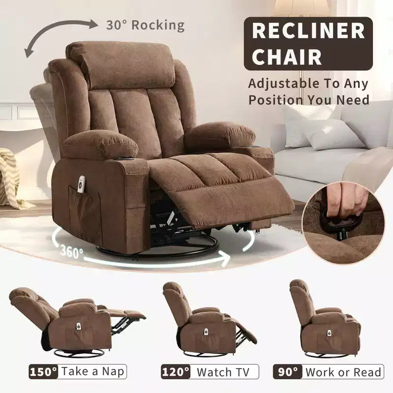 GustoWave Oversized Fabric 360 Swivel Rocking Recliner Chair with Heat and Massage, Extra Wide Lazy Recliner Sofa Chair for Adults