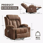 GustoWave Oversized Fabric 360 Swivel Rocking Recliner Chair with Heat and Massage, Extra Wide Lazy Recliner Sofa Chair for Adults