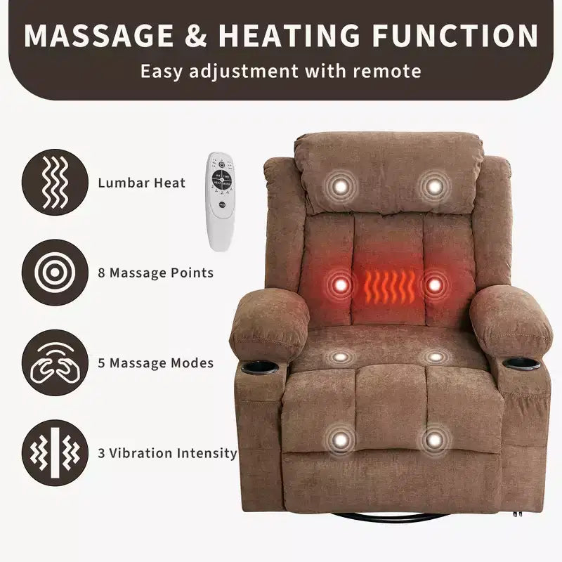 GustoWave Oversized Fabric 360 Swivel Rocking Recliner Chair with Heat and Massage, Extra Wide Lazy Recliner Sofa Chair for Adults