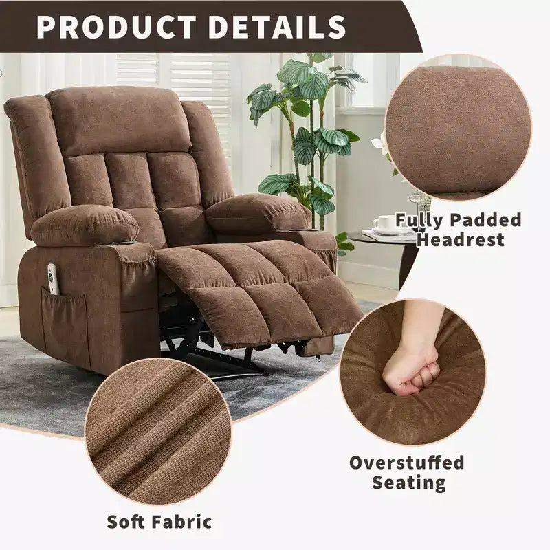 GustoWave Oversized Fabric 360 Swivel Rocking Recliner Chair with Heat and Massage, Extra Wide Lazy Recliner Sofa Chair for Adults
