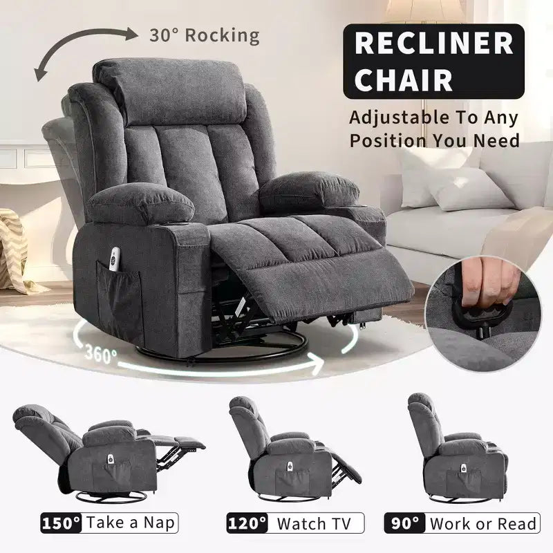 GustoWave Oversized Fabric 360 Swivel Rocking Recliner Chair with Heat and Massage, Extra Wide Lazy Recliner Sofa Chair for Adults