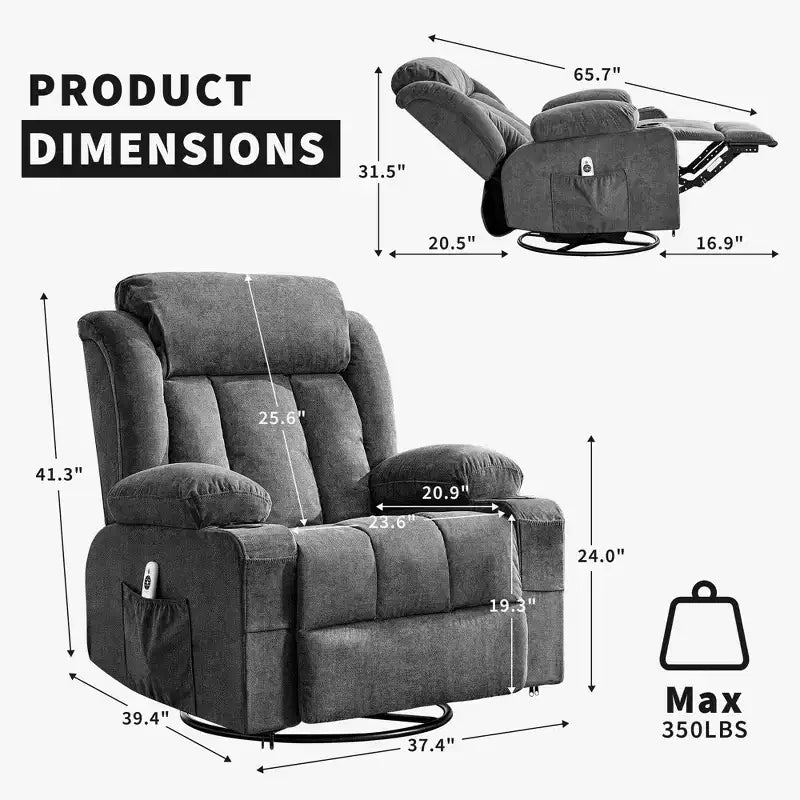 GustoWave Oversized Fabric 360 Swivel Rocking Recliner Chair with Heat and Massage, Extra Wide Lazy Recliner Sofa Chair for Adults