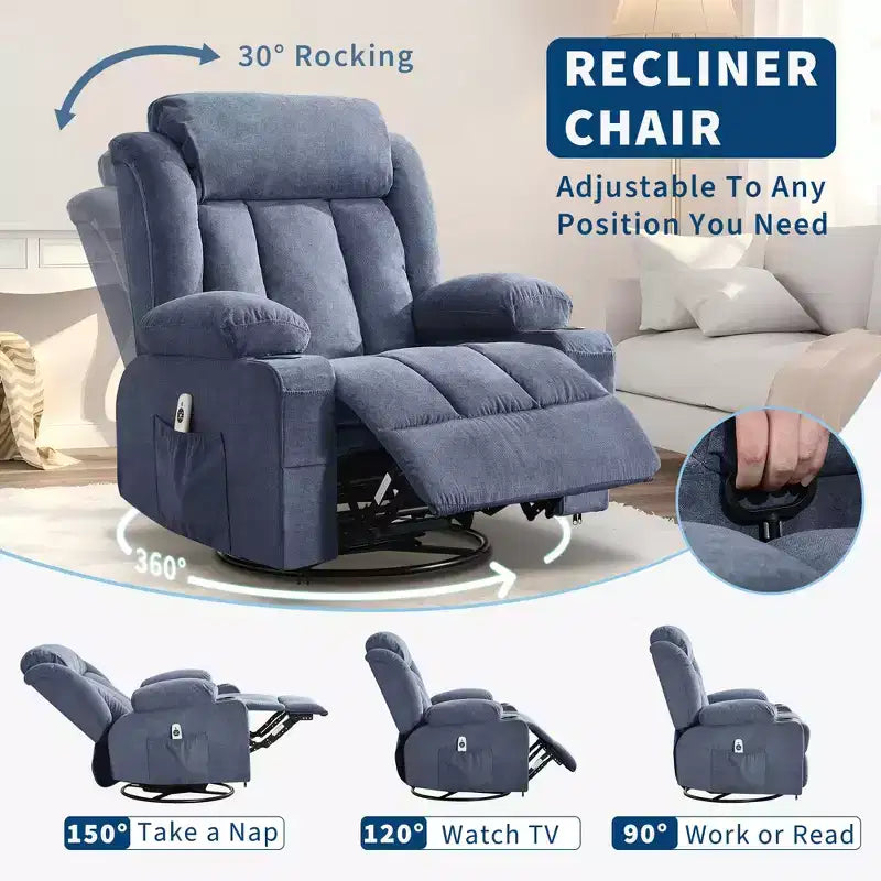 GustoWave Oversized Fabric 360 Swivel Rocking Recliner Chair with Heat and Massage, Extra Wide Lazy Recliner Sofa Chair for Adults